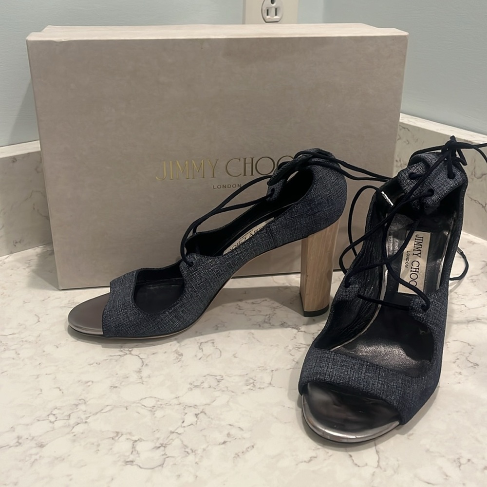 JIMMY CHOO Gorgeous Denim Blue βVernieβ Strappy Sandals with Wood Heel π π - Picture 2 of 3